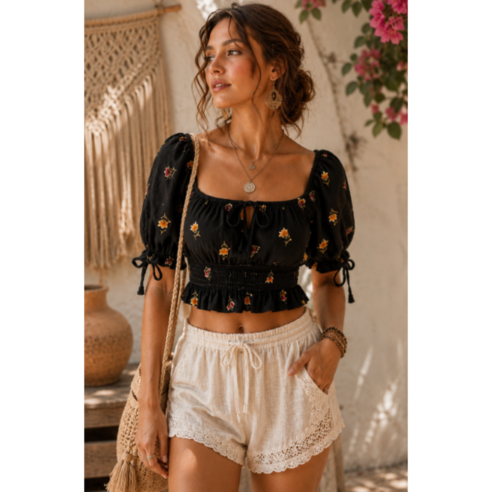 Black Floral Embroidered Crop Top Smocked Puff Sleeve Sz L Boho Summer Cottage
